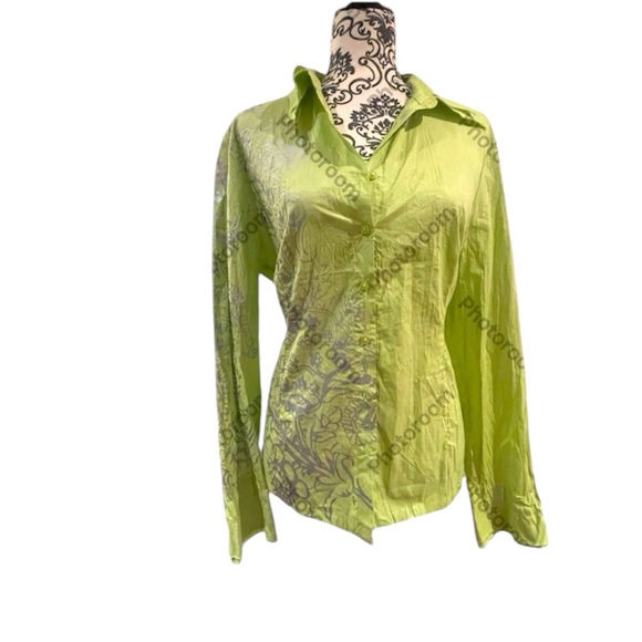 Chartreuse colored blouse with grey stenciling on front, one sleeve and back - Picture 1 of 11